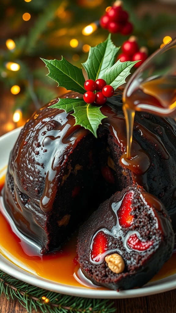Traditional Christmas pudding with holly on top, surrounded by festive decorations.